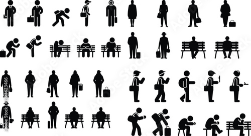 Bus Stop Pictogram Silhouette Icon Set Public Transport Waiting Silhouette Vector Pack