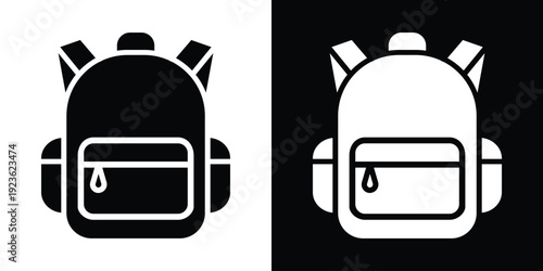Minimalist school backpack icon in black and white. Simple vector illustration of a rucksack for education and travel UI.