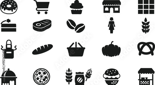 Bakery and Grocery Store Icon Set with Bread, Donut, Coffee Beans, Shopping Cart, Market Basket and Food Symbols Vector Collection