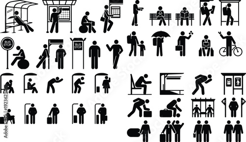 Bus Stop Pictogram Silhouette Icon Set Public Transport Waiting Silhouette Vector Pack
