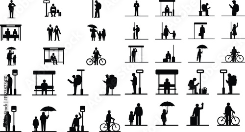 Bus Stop Pictogram Silhouette Icon Set Public Transport Waiting Silhouette Vector Pack
