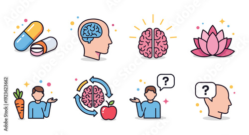 A collection of wellness and mental health icons featuring pills, brain illustrations, carrots, and a lotus flower in flat vector style, ideal for health-related projects