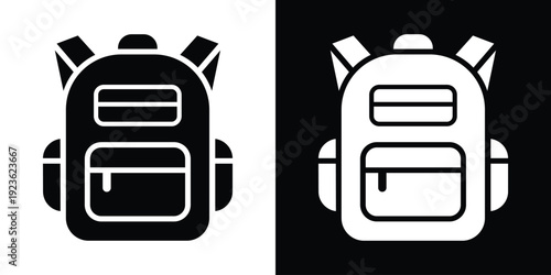 Minimalist school backpack icon in black and white. Simple vector illustration of a rucksack for education and travel UI.