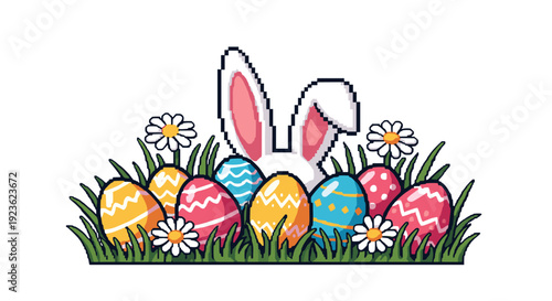 A cute Easter bunny peeking over colorful decorated eggs in a playful cartoon vector style, perfect for spring celebrations and holiday designs