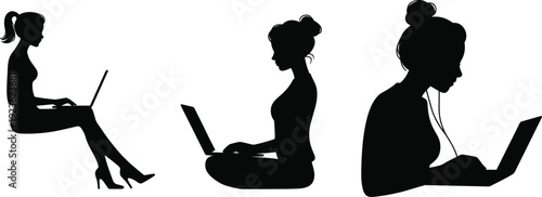 Laptop user silhouette vector illustration set, professional icons with diverse postures, stylish artwork, decorative graphics, digital motifs