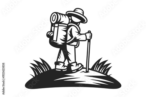 Silhouette figure with backpack hikes across grassy terrain with a trekking pole