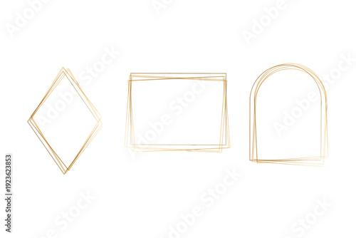 Elegant golden watercolor frames on a pristine white background. A set of three distinct shapes includes a diamond, a rectangle, and an arch, each defined by delicate, overlapping lines.