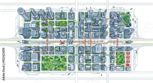 Aerial view of a detailed city plan with buildings, roads, and green spaces.