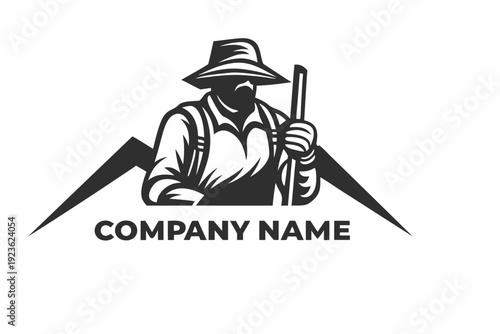 Silhouette figure with hat holding a stick above stylized mountain peaks creates a striking symbol