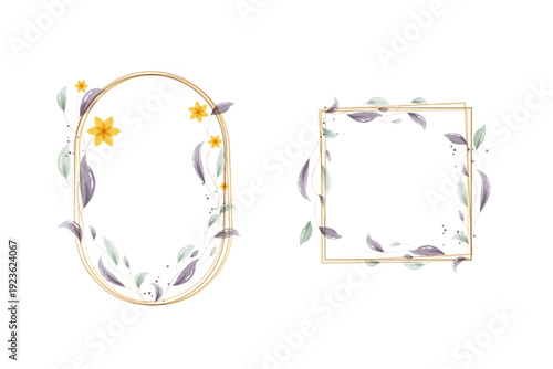 Two elegant watercolor frames feature golden outlines. One is an oval shape adorned with yellow flowers and soft leaves. The other is a square frame decorated with similar botanical elements.