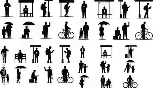 Bus Stop Pictogram Silhouette Icon Set Public Transport Waiting Silhouette Vector Pack