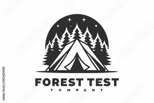 Silhouette of a camp tent among pine trees beneath a starry night sky