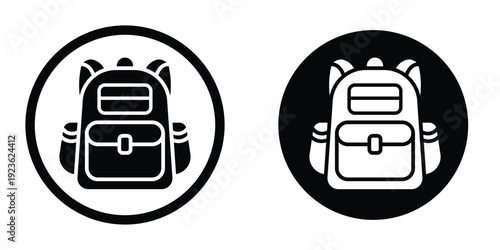 Circular backpack icon set. Black and white round symbols representing school bags, luggage storage, or hiking gear locations.