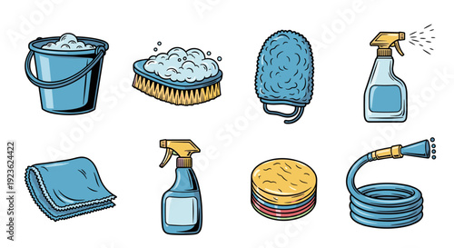 A collection of cleaning supplies including a bucket, sponge, cleaner spray, gloves, and cloth in colorful cartoon vector style, ideal for home maintenance and cleaning projects