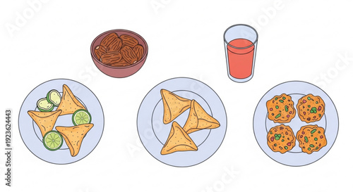 Assorted indian snacks and drinks on plates and bowl on a table