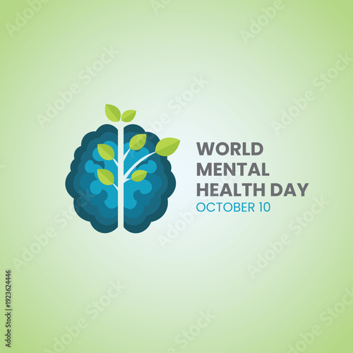 World mental health day awareness graphic with brain and green leaves on light green background