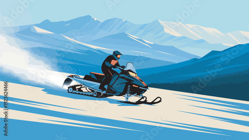 A person riding a snowmobile through a snowy mountain landscape with a clear blue sky