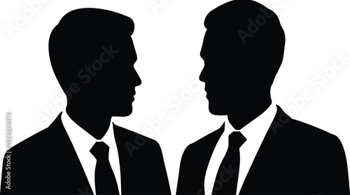 Two businessmen silhouettes in suits and ties facing each other, professional corporate communication, partnership concept, flat vector illustration isolated on white.