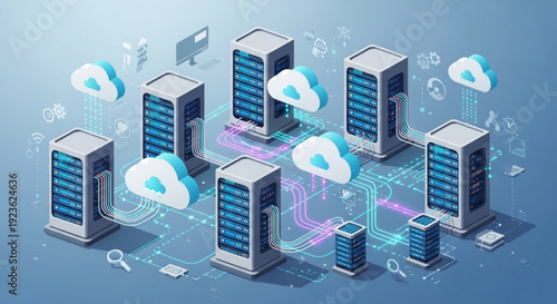 Cloud computing servers with data storage and network connections in a futuristic digital landscape