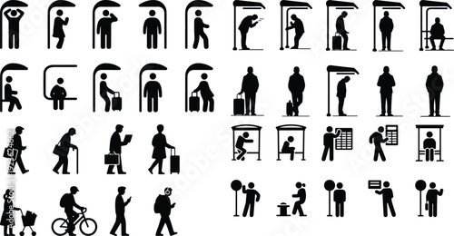 Bus Stop Pictogram Silhouette Icon Set Public Transport Waiting Silhouette Vector Pack