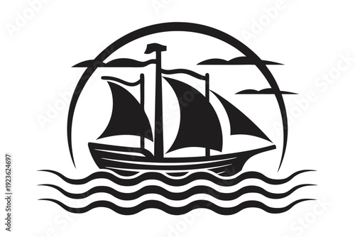 Silhouette of a sailing ship navigates wavy waters beneath arching sky