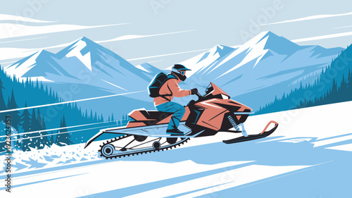 A person riding a snowmobile through a snowy mountain landscape with trees and mountains in the background.