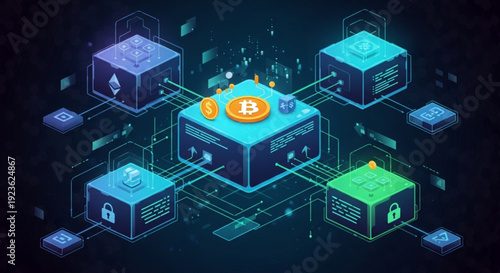 Cryptocurrency blockchain network with bitcoin and secure data blocks in a futuristic digital circuit board