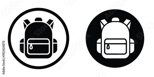 Circular backpack icon set. Black and white round symbols representing school bags, luggage storage, or hiking gear locations.