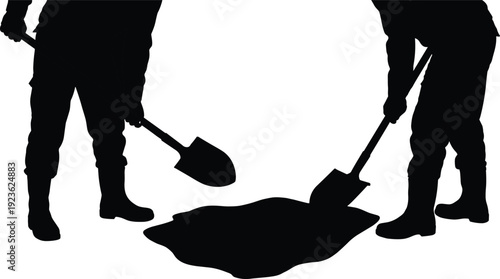 Two construction workers silhouettes with shovels digging or cleaning, manual labor, industrial teamwork, building site workers, flat vector illustration isolated on white.