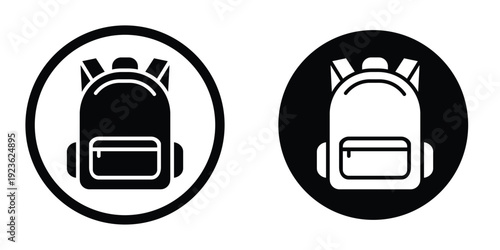 Circular backpack icon set. Black and white round symbols representing school bags, luggage storage, or hiking gear locations.