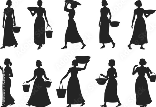 Woman carrying bucket silhouette vector illustration set, cultural icons with diverse poses, traditional artwork, decorative graphics, lifestyle motifs