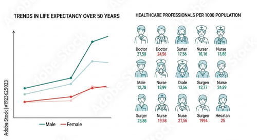 Healthcare professionals per 1000 population and trends in life expectancy over 50 years infographic