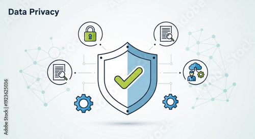 Data privacy concept with shield icon and security symbols around it on a white background