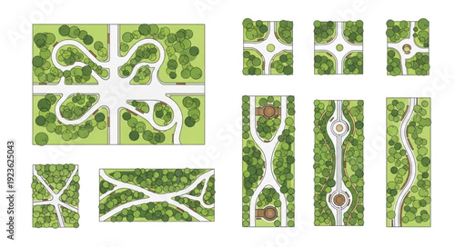 Aerial view of various park designs with winding pathways and green spaces.