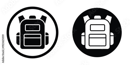 Circular backpack icon set. Black and white round symbols representing school bags, luggage storage, or hiking gear locations.