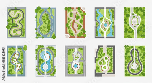Aerial view of various park designs with intricate pathways and green spaces.