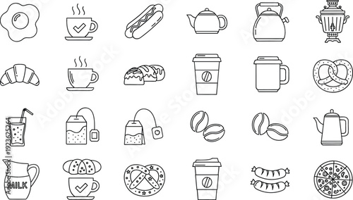 Breakfast Coffee and Bakery Outline Icon Set with Tea Cups Pastries and Beverage Elements for Cafe Menu Design