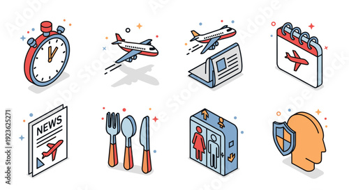 A collection of travel-related icons including a clock, airplanes, calendar, news, and cutlery in colorful flat vector style, perfect for travel and hospitality branding