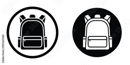 Circular backpack icon set. Black and white round symbols representing school bags, luggage storage, or hiking gear locations.