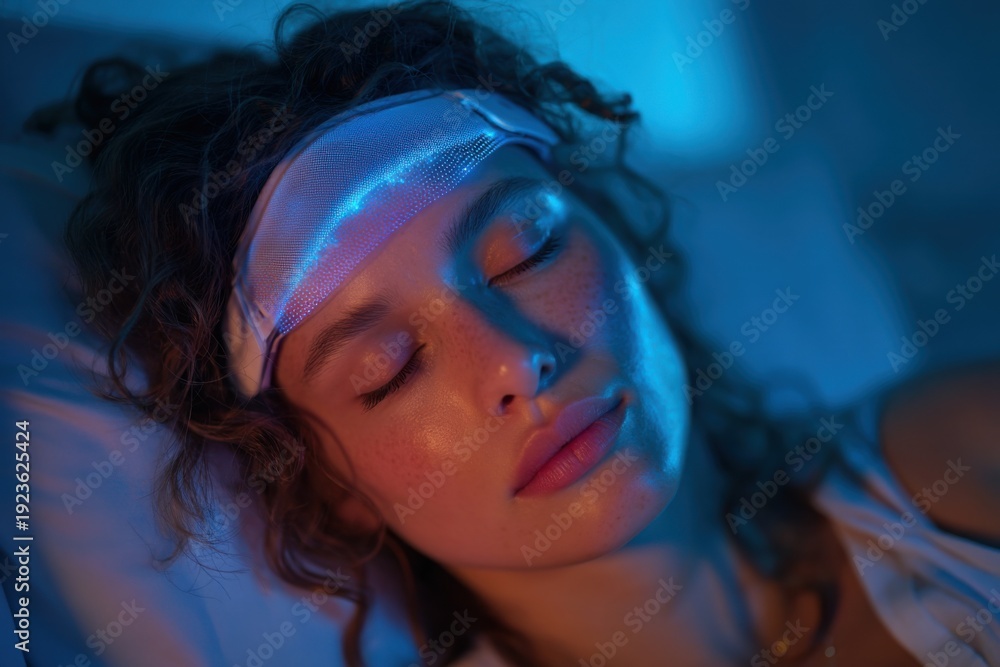 Naklejka premium Futuristic Serenity: Woman with LED Sleep Mask generated by AI