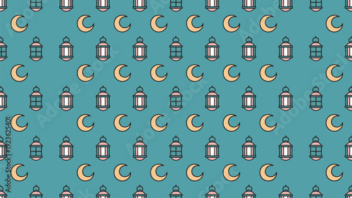 A captivating seamless pattern displaying alternating rows of stylized lanterns and small crescent moons is set against a soothing teal background.