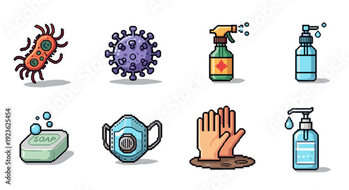 A collection of hygiene and safety icons featuring viruses, soap, sanitizer, and masks in colorful flat vector style, ideal for health awareness campaigns