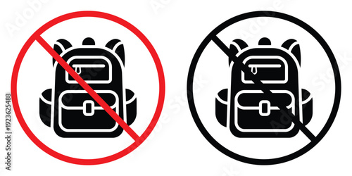 No backpacks allowed sign. Prohibited rucksack symbols in red and black circles for security, safety, and restricted areas.