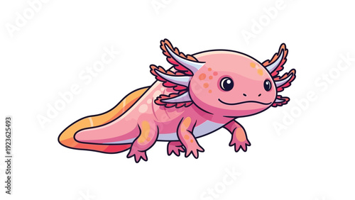 Digital illustration of a smiling pink axolotl with orange and yellow accents, facing right, on a white background with a cute expression.