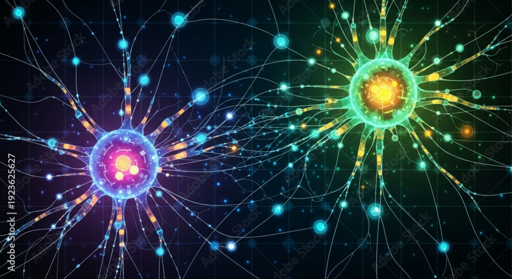 Obraz premium Vibrant neurons with glowing connections on dark background neural network concept