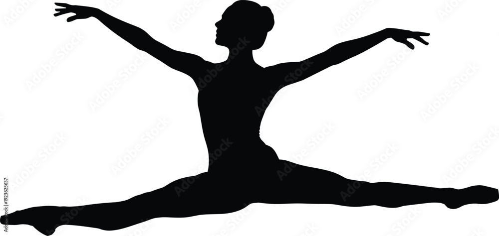 Fototapeta premium Ballet dancer silhouette performing split leap, graceful artistic movement isolated on white background
