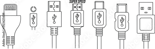 USB connector types set, charging cable plugs collection, technology interface icons, line art illustration isolated on white background