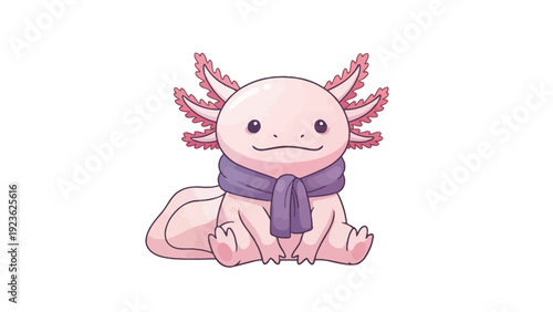 Digital illustration of a smiling pink axolotl wearing a purple scarf against a clean white background with soft, pastel tones.