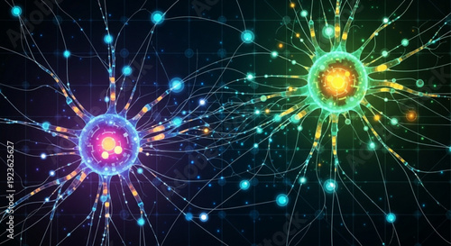 Vibrant neurons with glowing connections on dark background neural network concept