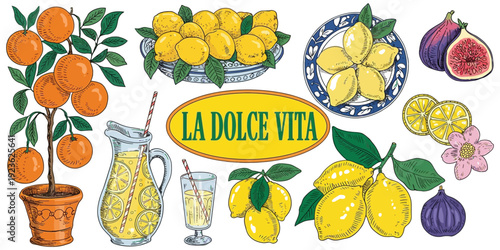 Dolce Vita Mediterranean Lifestyle Set, Whimsical and Detailed Collection of Colorful Elements with Textured Outlines in Sketchy Hand-Drawn Style for Summer Branding and Packaging